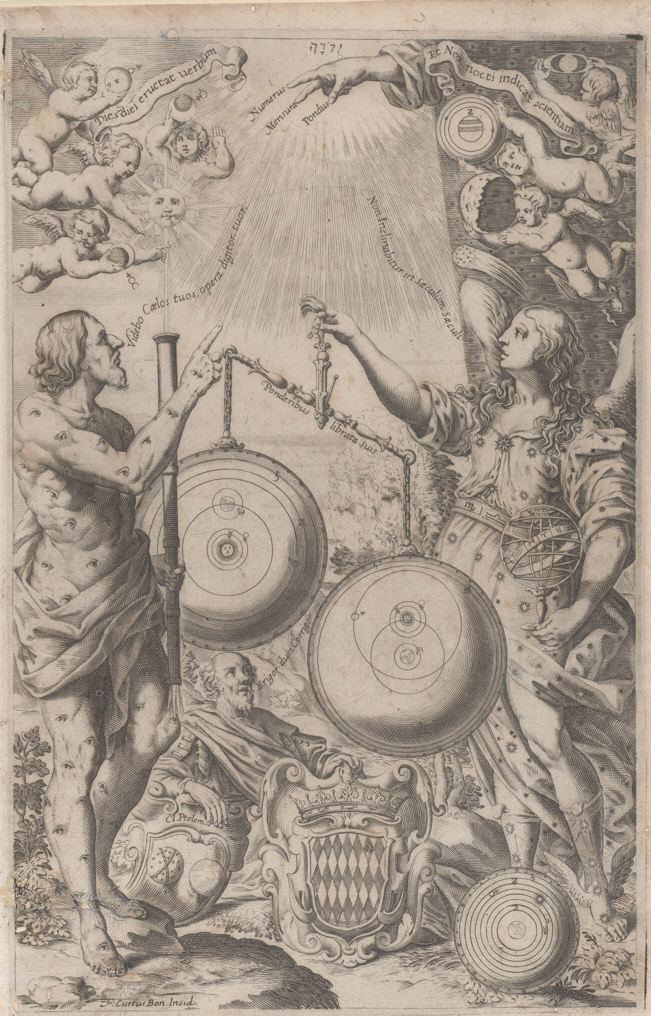 The goddess of astronomy weighs Copernicus’s system against Riccioli’s and finds his heavier, with Ptolemy’s cast aside, on the frontispiece of the New Almagest