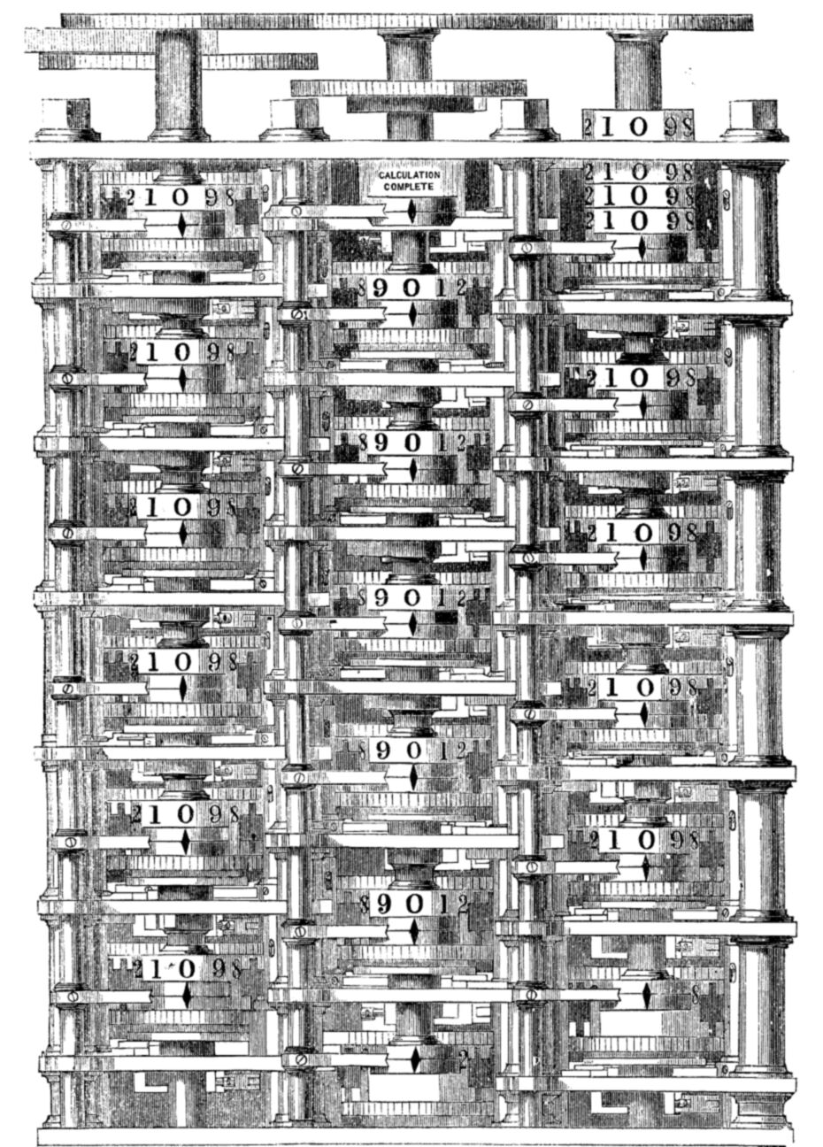 The part of the Difference Engine that was assembled, as Babbage’s son Benjamin Herschel Babbage drew it