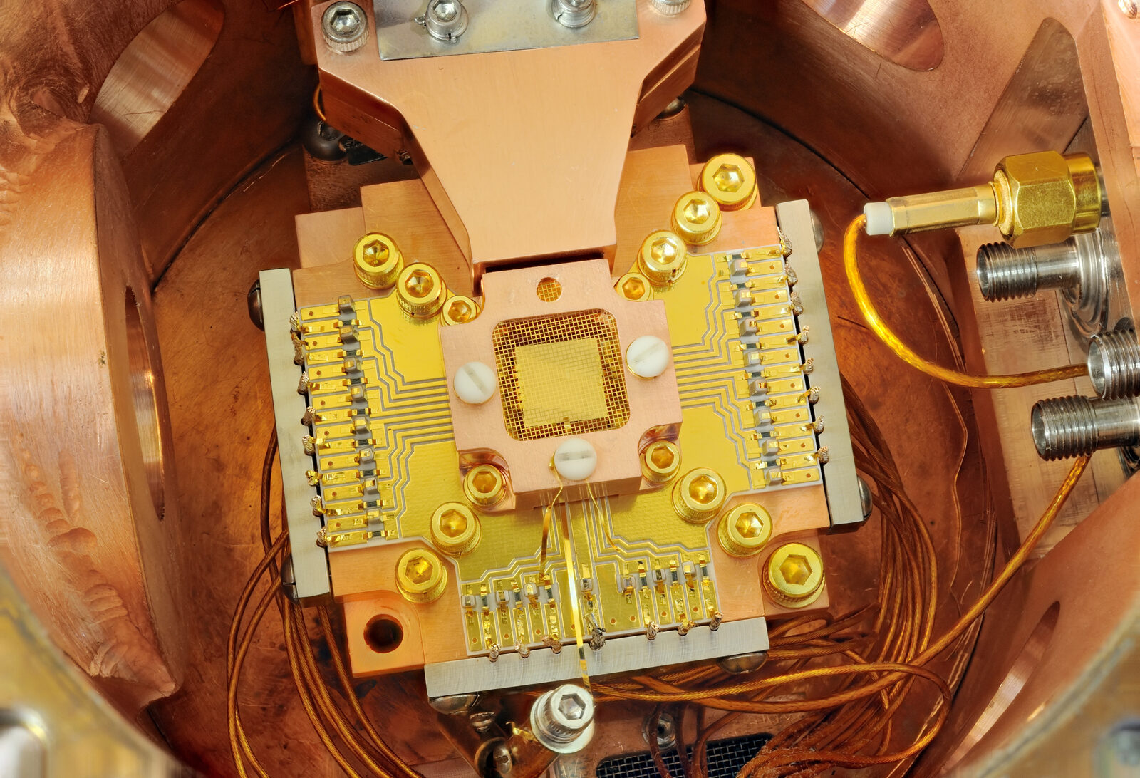 A trap that holds charged atoms as the qubits of a quantum computer, at NIST in Boulder, Colorado, 2011